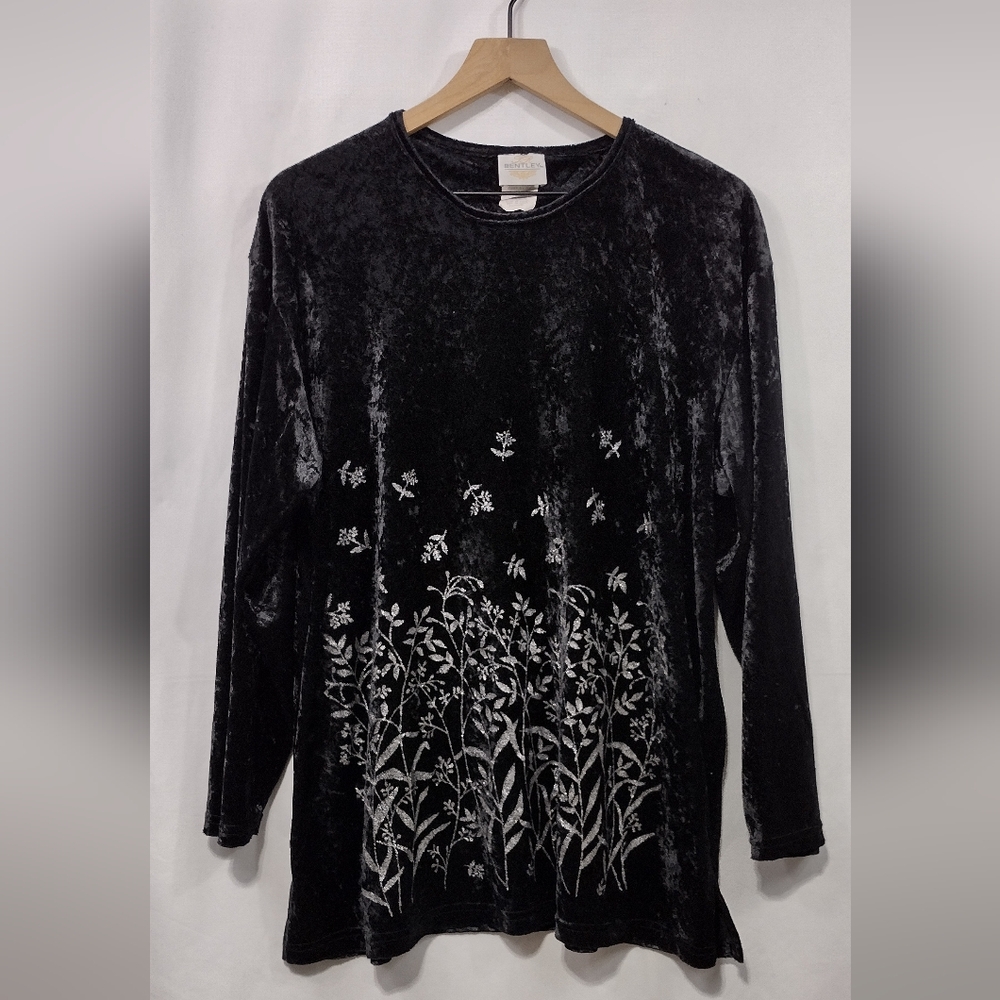 Vintage Bentley Embroidered Floral Velvet Top Womens XL Black Whimsigoth 90s Y2K